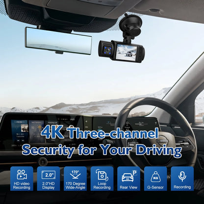 Dash Cam,3 Channel Dash Cam,4K+1080P Dash Cam Front and Inside,Triple Dash Cam for Car,Dash Camera with 32GB Card, 2160P Full Uhd,G-Sensor,170°Deg Wide Angle Dashboard with Infrared Night Vision